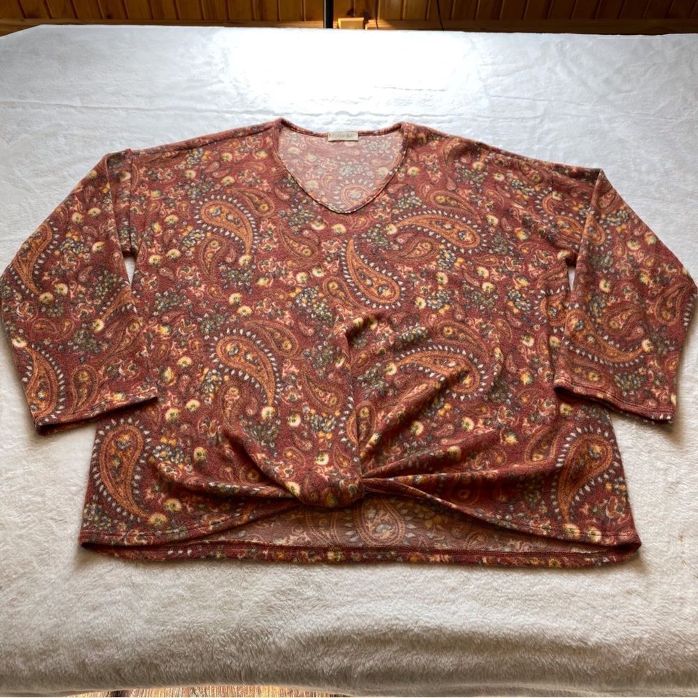 Cotton Bleu Burnt Orange Paisley Floral Print Fleece Top Size Medium